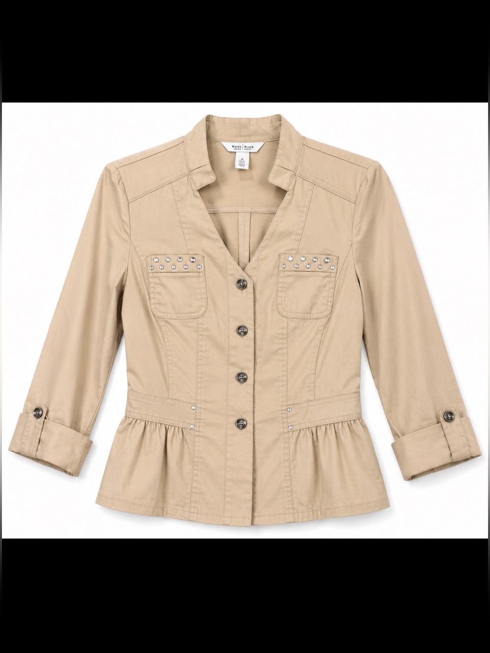 White House Black Market khaki peplum utility jacket, size 14.